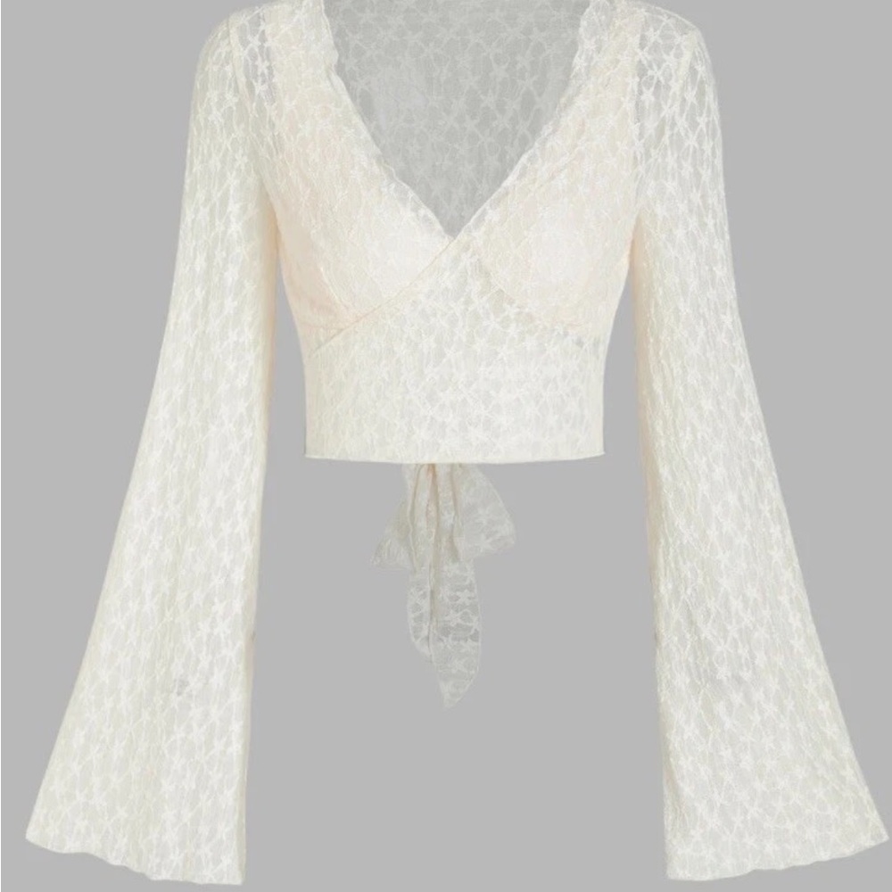 Cider Cream Lace Wrap Crop Top with Bell Sleeves - Picture 3 of 13